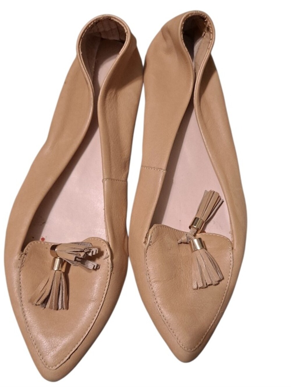 ALDO Tan Leather Pointed-Toe Tassel Flats